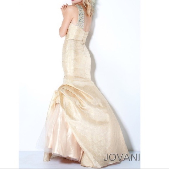 Jovani Gold One Shoulder Dress with Ruffled Slit - Picture 2 of 4